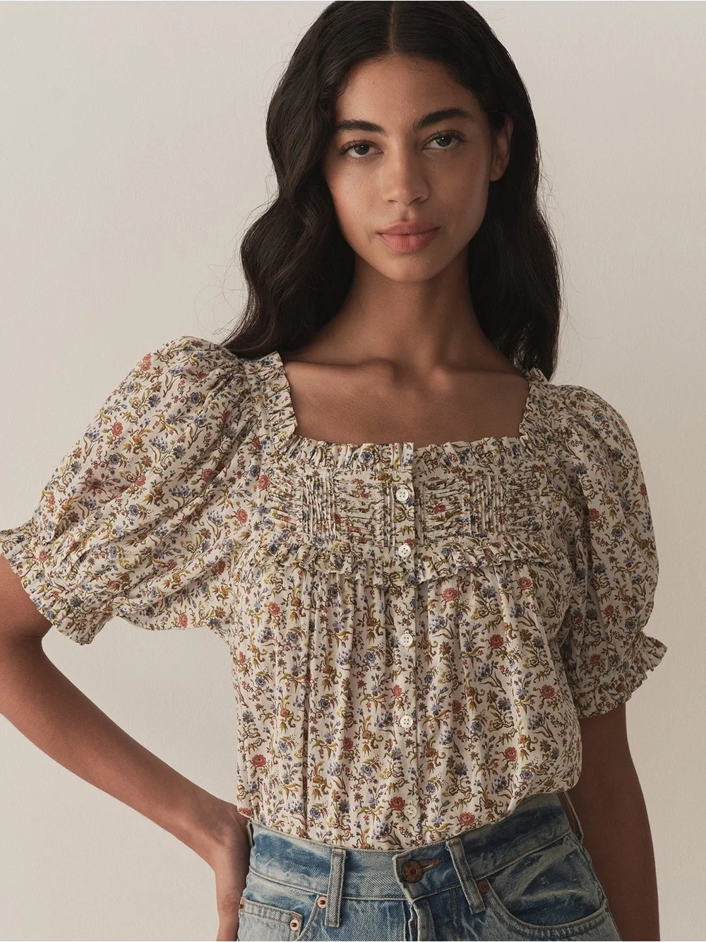 Doen Farley Cotton Ruffle Pintuck Button Puff Short Sleeve Top Jardin Du Chateau - Picture 2 of 7